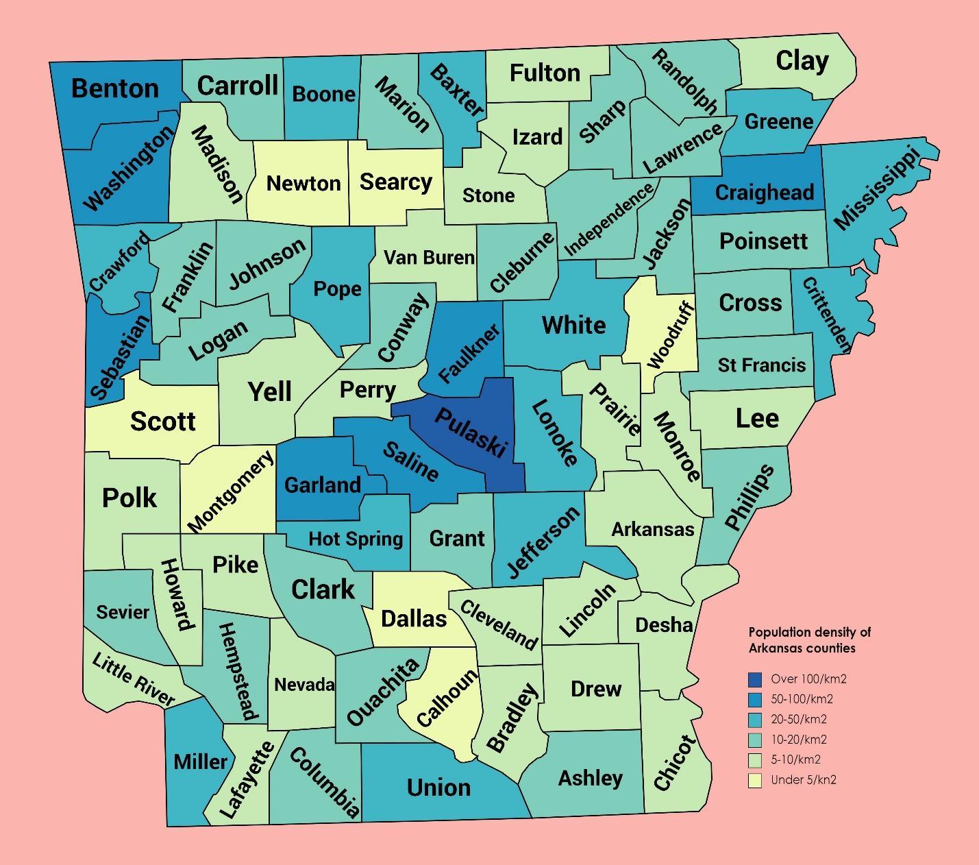 A map of arkansas with different colored states

Description automatically generated